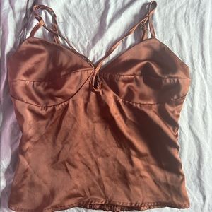 Brown satin cropped shirt forever21